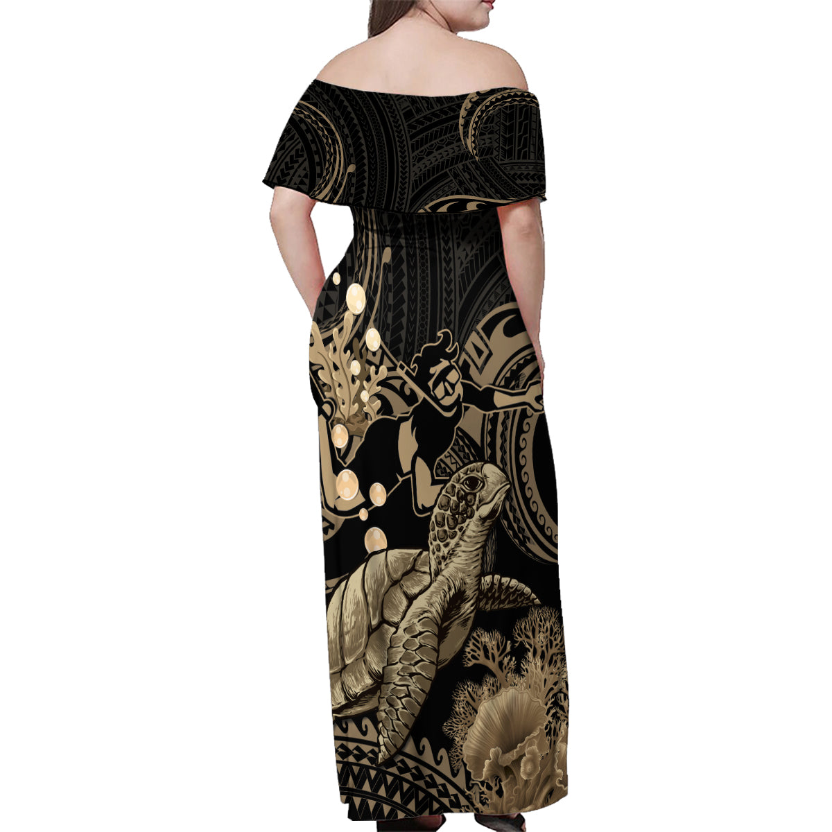 Gold Aloha Hawaii Family Matching Off Shoulder Maxi Dress and Hawaiian Shirt Snorkeling With Sea Turtle Polynesian Pattern LT14 - Polynesian Pride