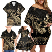 Gold Aloha Hawaii Family Matching Off Shoulder Short Dress and Hawaiian Shirt Snorkeling With Sea Turtle Polynesian Pattern LT14 - Polynesian Pride