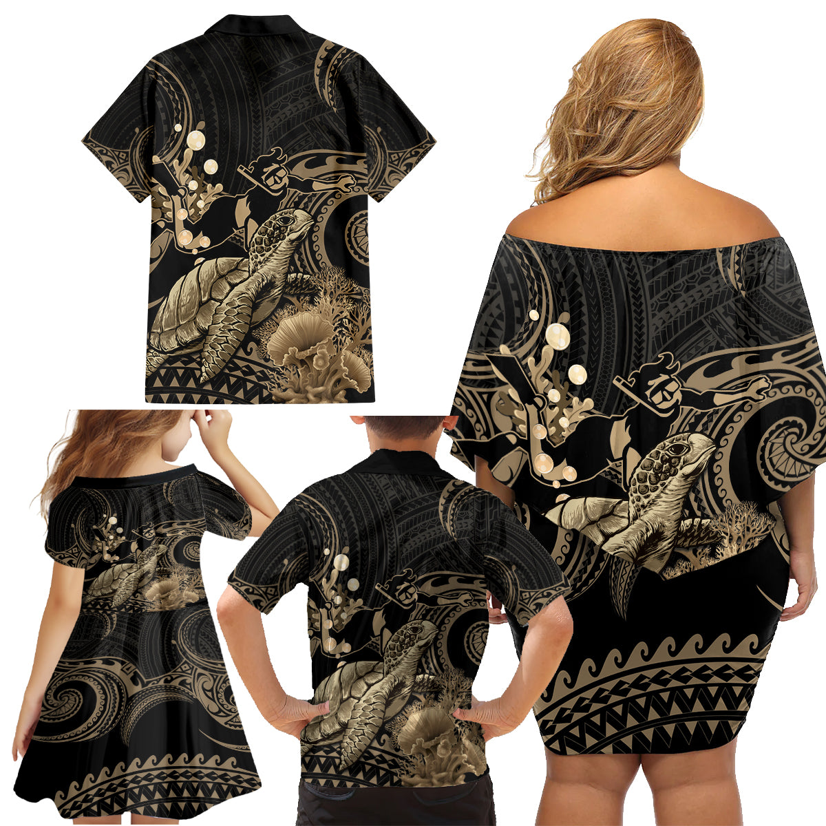 Gold Aloha Hawaii Family Matching Off Shoulder Short Dress and Hawaiian Shirt Snorkeling With Sea Turtle Polynesian Pattern LT14 - Polynesian Pride