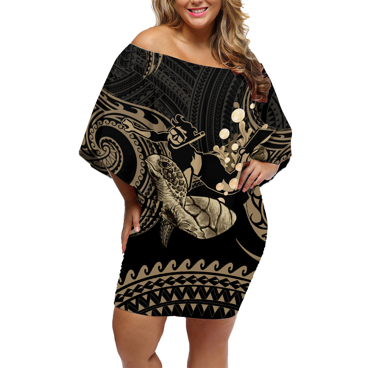 Gold Aloha Hawaii Family Matching Off Shoulder Short Dress and Hawaiian Shirt Snorkeling With Sea Turtle Polynesian Pattern LT14 Mom's Dress Gold - Polynesian Pride