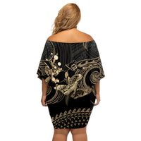 Gold Aloha Hawaii Family Matching Off Shoulder Short Dress and Hawaiian Shirt Snorkeling With Sea Turtle Polynesian Pattern LT14 - Polynesian Pride