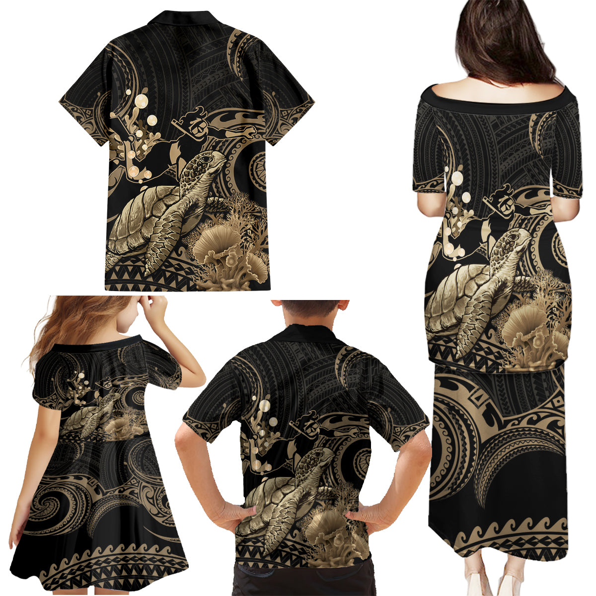 Gold Aloha Hawaii Family Matching Puletasi and Hawaiian Shirt Snorkeling With Sea Turtle Polynesian Pattern LT14 - Polynesian Pride