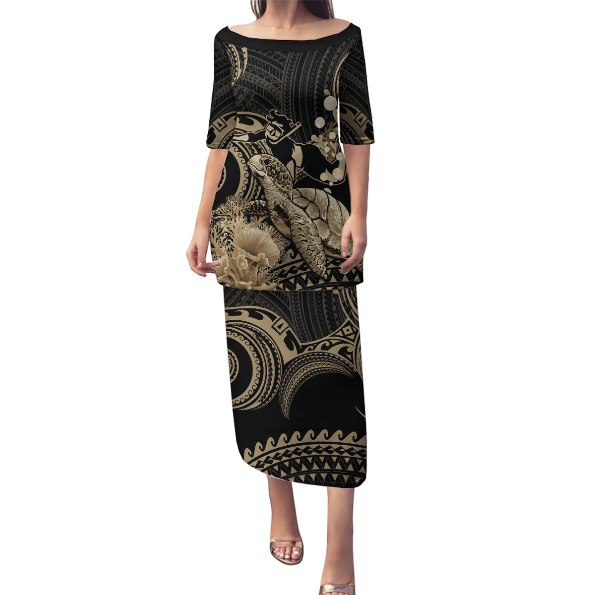 Gold Aloha Hawaii Family Matching Puletasi and Hawaiian Shirt Snorkeling With Sea Turtle Polynesian Pattern LT14 Mom's Dress Gold - Polynesian Pride