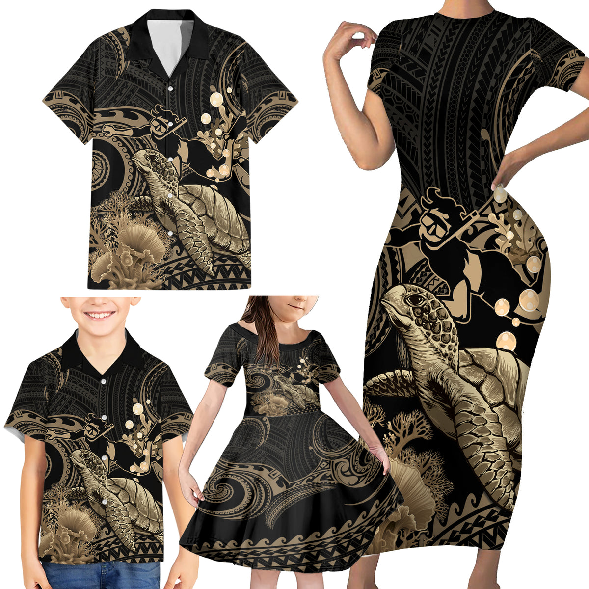 Gold Aloha Hawaii Family Matching Short Sleeve Bodycon Dress and Hawaiian Shirt Snorkeling With Sea Turtle Polynesian Pattern LT14 - Polynesian Pride