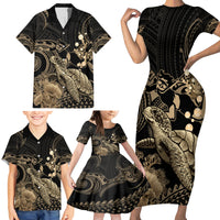 Gold Aloha Hawaii Family Matching Short Sleeve Bodycon Dress and Hawaiian Shirt Snorkeling With Sea Turtle Polynesian Pattern LT14 - Polynesian Pride