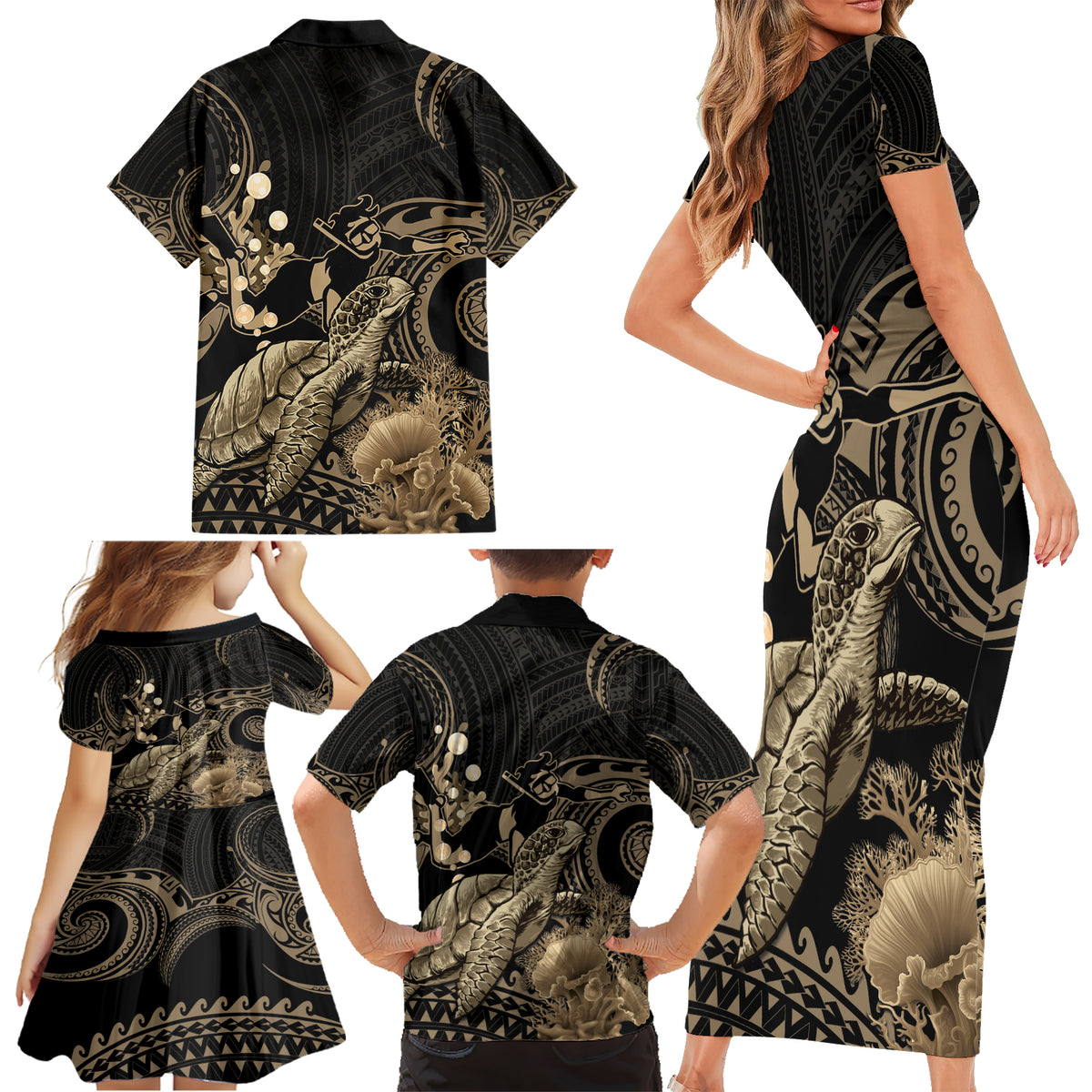 Gold Aloha Hawaii Family Matching Short Sleeve Bodycon Dress and Hawaiian Shirt Snorkeling With Sea Turtle Polynesian Pattern LT14 - Polynesian Pride