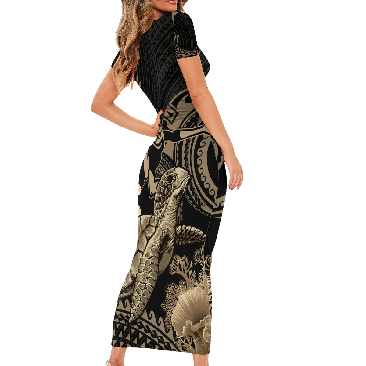 Gold Aloha Hawaii Family Matching Short Sleeve Bodycon Dress and Hawaiian Shirt Snorkeling With Sea Turtle Polynesian Pattern LT14 - Polynesian Pride