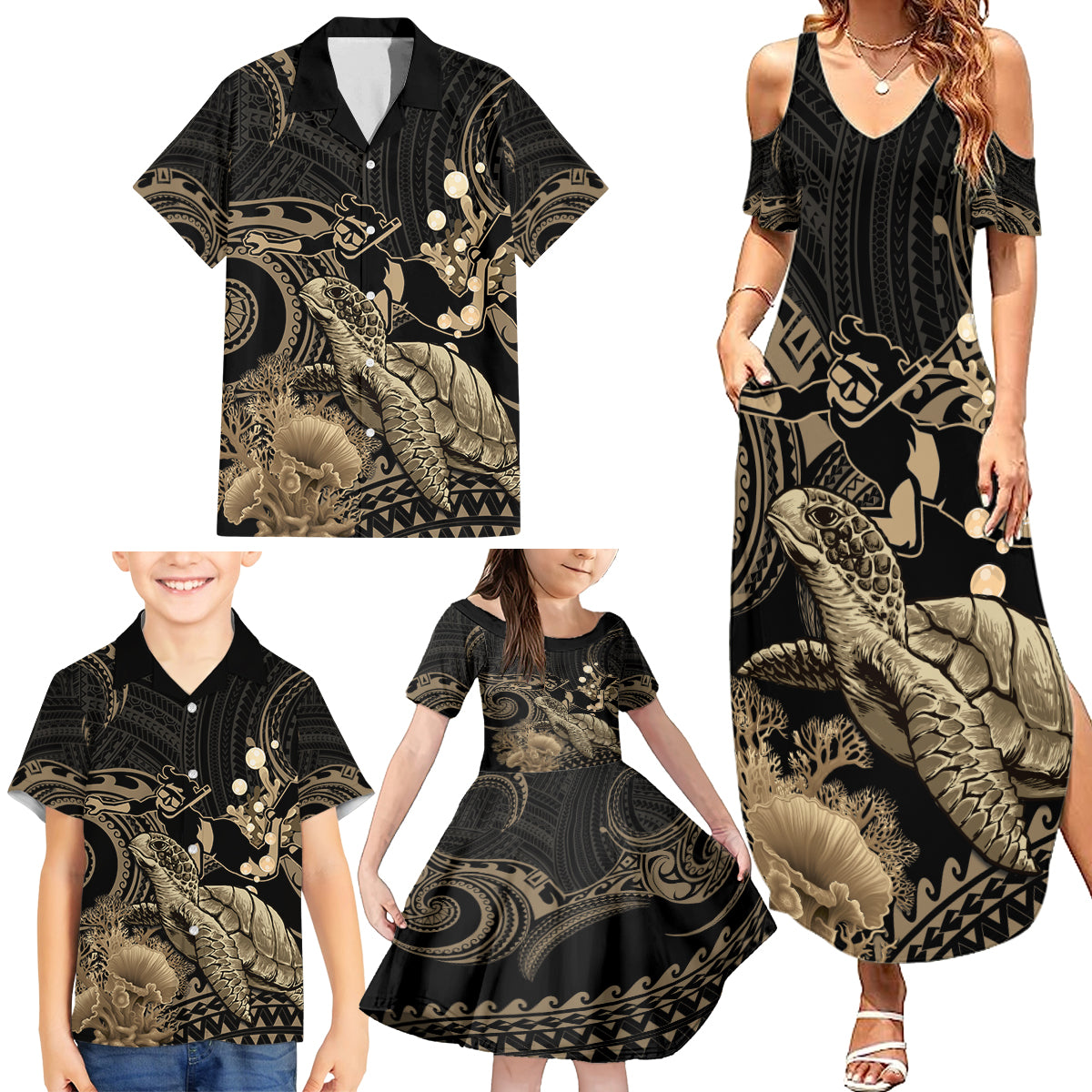 Gold Aloha Hawaii Family Matching Summer Maxi Dress and Hawaiian Shirt Snorkeling With Sea Turtle Polynesian Pattern LT14 - Polynesian Pride