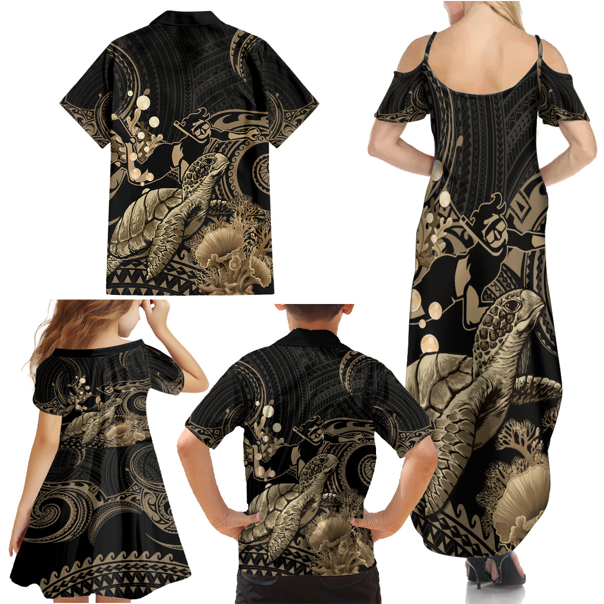 Gold Aloha Hawaii Family Matching Summer Maxi Dress and Hawaiian Shirt Snorkeling With Sea Turtle Polynesian Pattern LT14 - Polynesian Pride