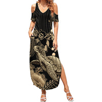 Gold Aloha Hawaii Family Matching Summer Maxi Dress and Hawaiian Shirt Snorkeling With Sea Turtle Polynesian Pattern LT14 Mom's Dress Gold - Polynesian Pride