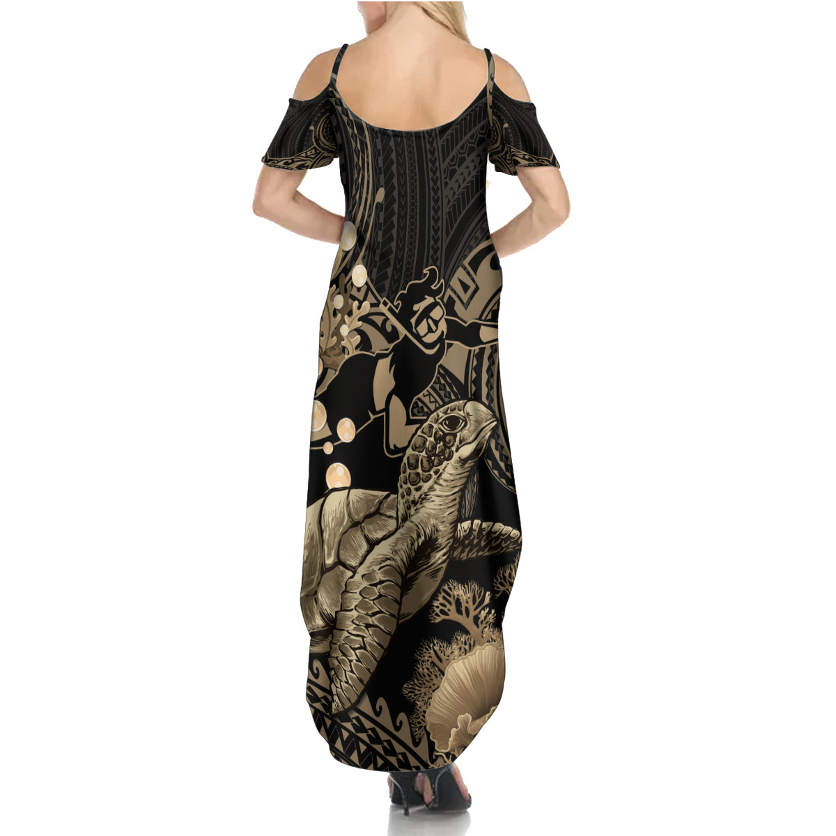 Gold Aloha Hawaii Family Matching Summer Maxi Dress and Hawaiian Shirt Snorkeling With Sea Turtle Polynesian Pattern LT14 - Polynesian Pride