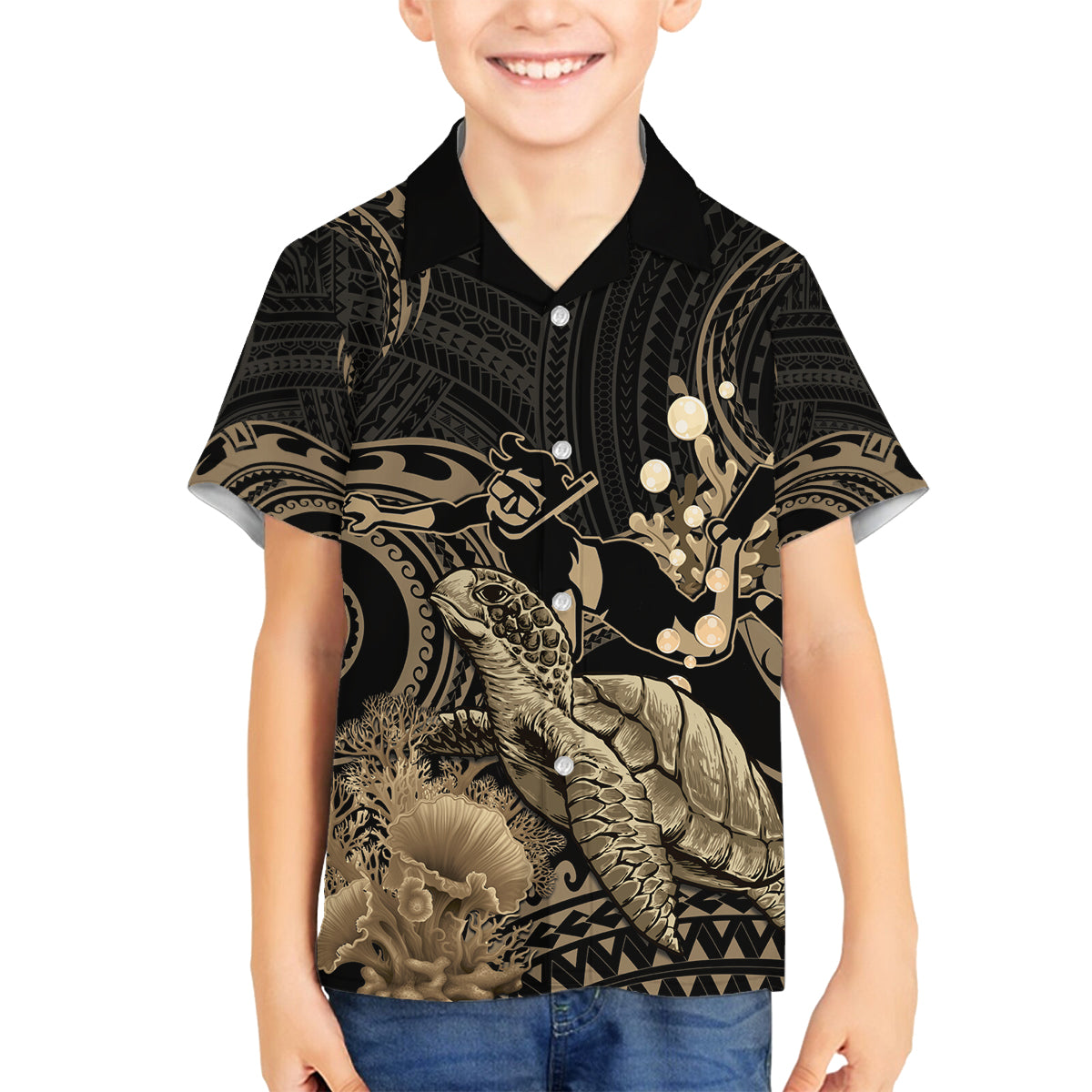 Gold Aloha Hawaii Family Matching Summer Maxi Dress and Hawaiian Shirt Snorkeling With Sea Turtle Polynesian Pattern LT14 Son's Shirt Gold - Polynesian Pride