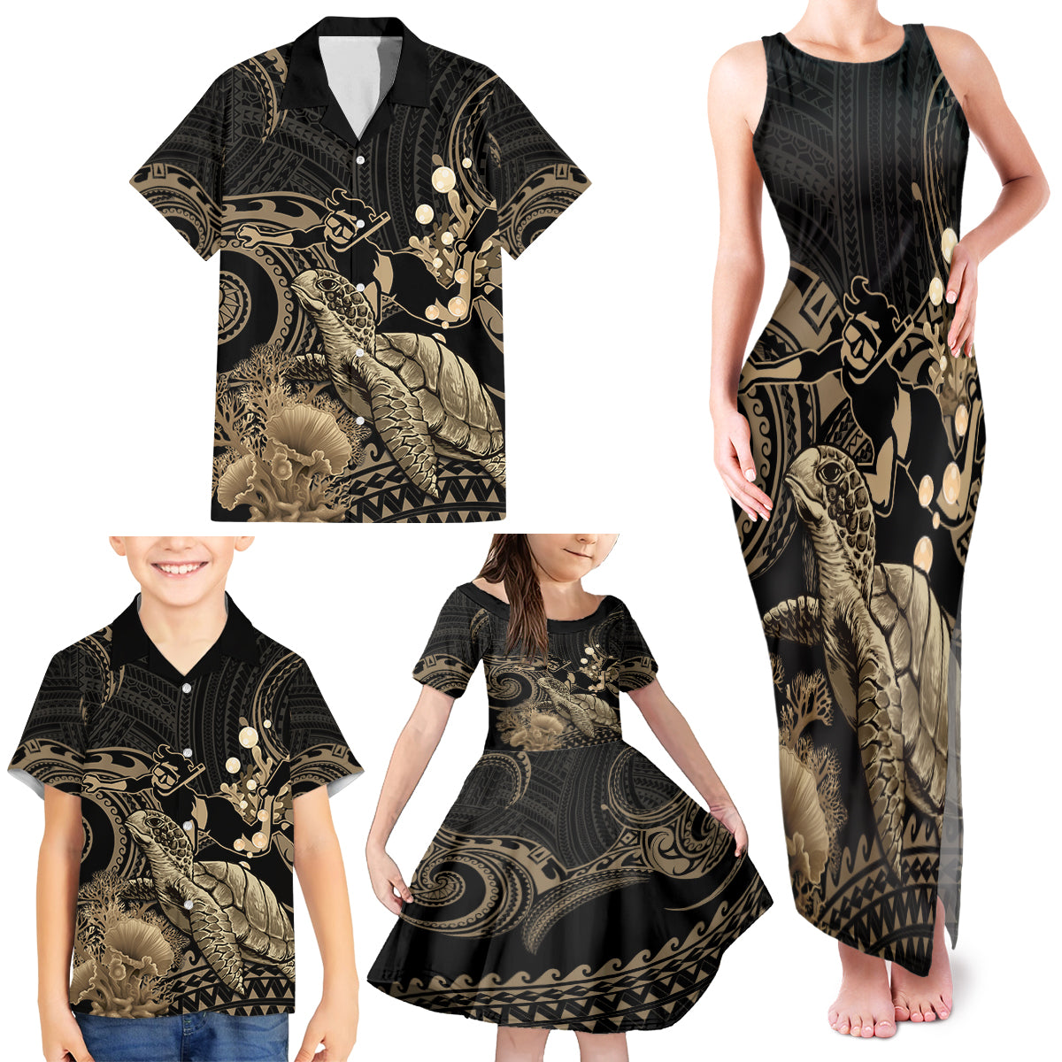 Gold Aloha Hawaii Family Matching Tank Maxi Dress and Hawaiian Shirt Snorkeling With Sea Turtle Polynesian Pattern LT14 - Polynesian Pride