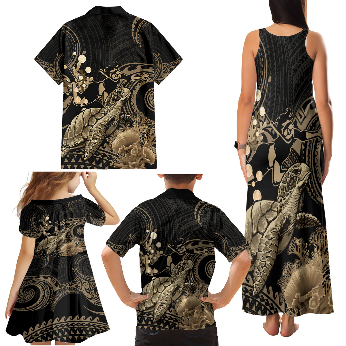 Gold Aloha Hawaii Family Matching Tank Maxi Dress and Hawaiian Shirt Snorkeling With Sea Turtle Polynesian Pattern LT14 - Polynesian Pride