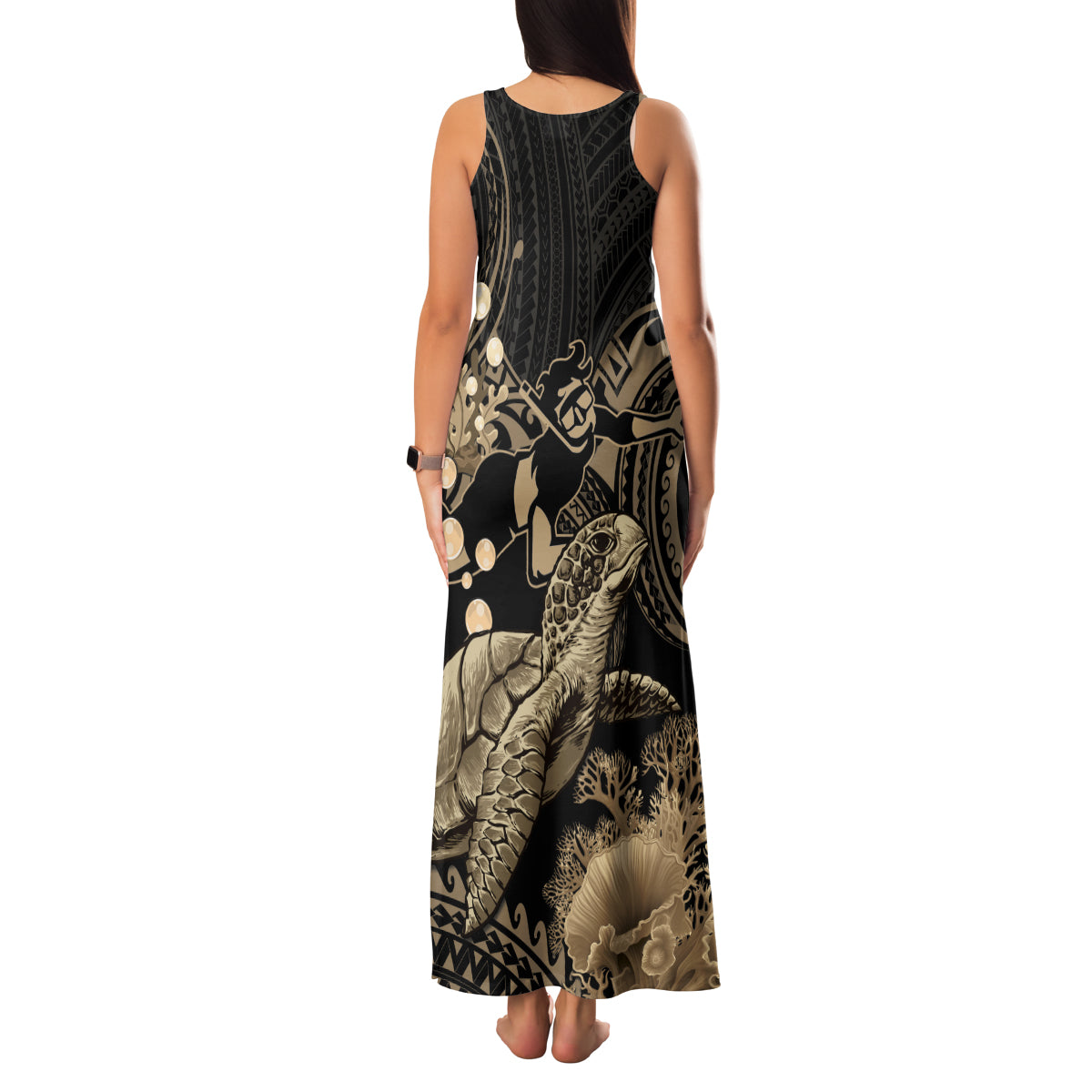 Gold Aloha Hawaii Family Matching Tank Maxi Dress and Hawaiian Shirt Snorkeling With Sea Turtle Polynesian Pattern LT14 - Polynesian Pride