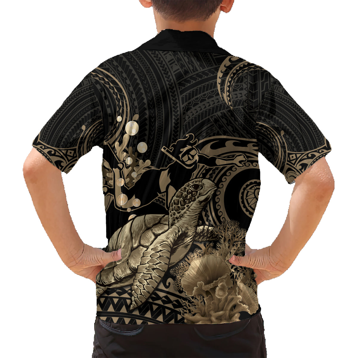 Gold Aloha Hawaii Kid Hawaiian Shirt Snorkeling With Sea Turtle Polynesian Pattern