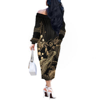Gold Aloha Hawaii Off The Shoulder Long Sleeve Dress Snorkeling With Sea Turtle Polynesian Pattern