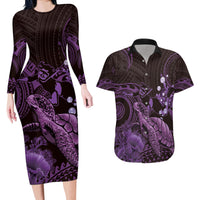 Purple Aloha Hawaii Couples Matching Long Sleeve Bodycon Dress and Hawaiian Shirt Snorkeling With Sea Turtle Polynesian Pattern LT14 Purple - Polynesian Pride