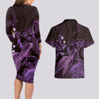 Purple Aloha Hawaii Couples Matching Long Sleeve Bodycon Dress and Hawaiian Shirt Snorkeling With Sea Turtle Polynesian Pattern LT14 - Polynesian Pride