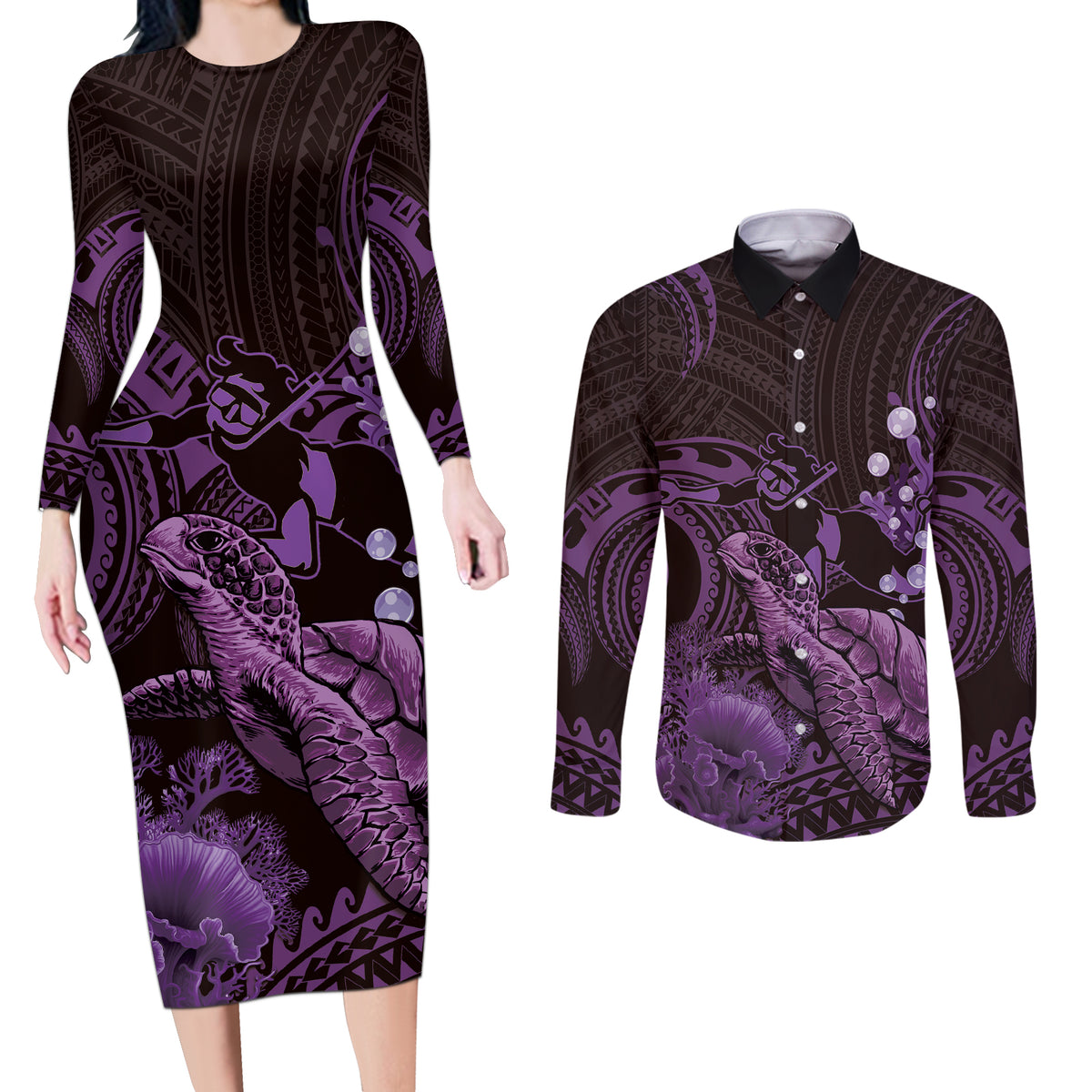Purple Aloha Hawaii Couples Matching Long Sleeve Bodycon Dress and Long Sleeve Button Shirt Snorkeling With Sea Turtle Polynesian Pattern LT14 Purple - Polynesian Pride
