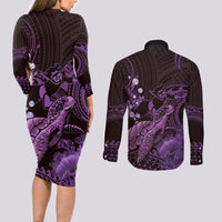 Purple Aloha Hawaii Couples Matching Long Sleeve Bodycon Dress and Long Sleeve Button Shirt Snorkeling With Sea Turtle Polynesian Pattern LT14 - Polynesian Pride