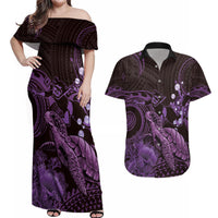 Purple Aloha Hawaii Couples Matching Off Shoulder Maxi Dress and Hawaiian Shirt Snorkeling With Sea Turtle Polynesian Pattern LT14 Purple - Polynesian Pride