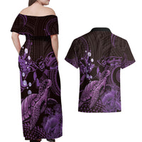 Purple Aloha Hawaii Couples Matching Off Shoulder Maxi Dress and Hawaiian Shirt Snorkeling With Sea Turtle Polynesian Pattern LT14 - Polynesian Pride