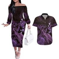 Purple Aloha Hawaii Couples Matching Off The Shoulder Long Sleeve Dress and Hawaiian Shirt Snorkeling With Sea Turtle Polynesian Pattern LT14 Purple - Polynesian Pride