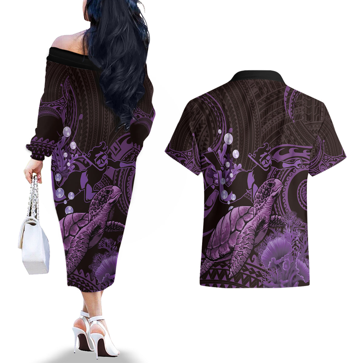 Purple Aloha Hawaii Couples Matching Off The Shoulder Long Sleeve Dress and Hawaiian Shirt Snorkeling With Sea Turtle Polynesian Pattern LT14 - Polynesian Pride