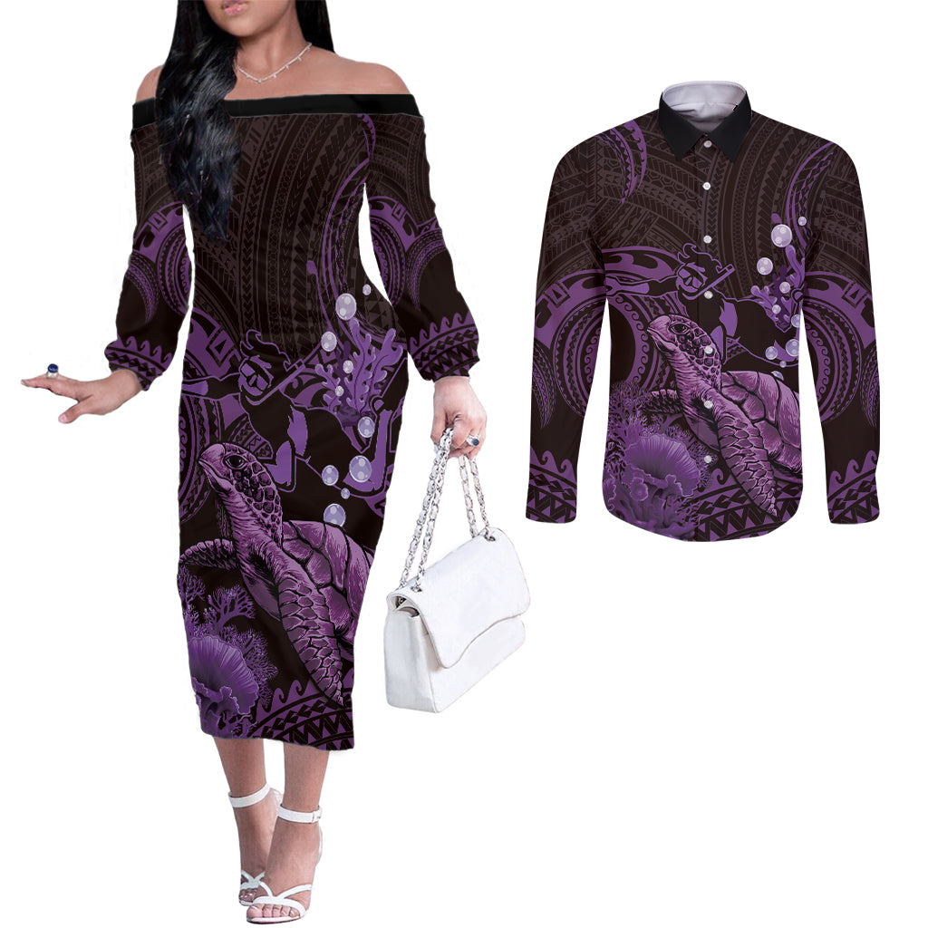 Purple Aloha Hawaii Couples Matching Off The Shoulder Long Sleeve Dress and Long Sleeve Button Shirt Snorkeling With Sea Turtle Polynesian Pattern LT14 Purple - Polynesian Pride