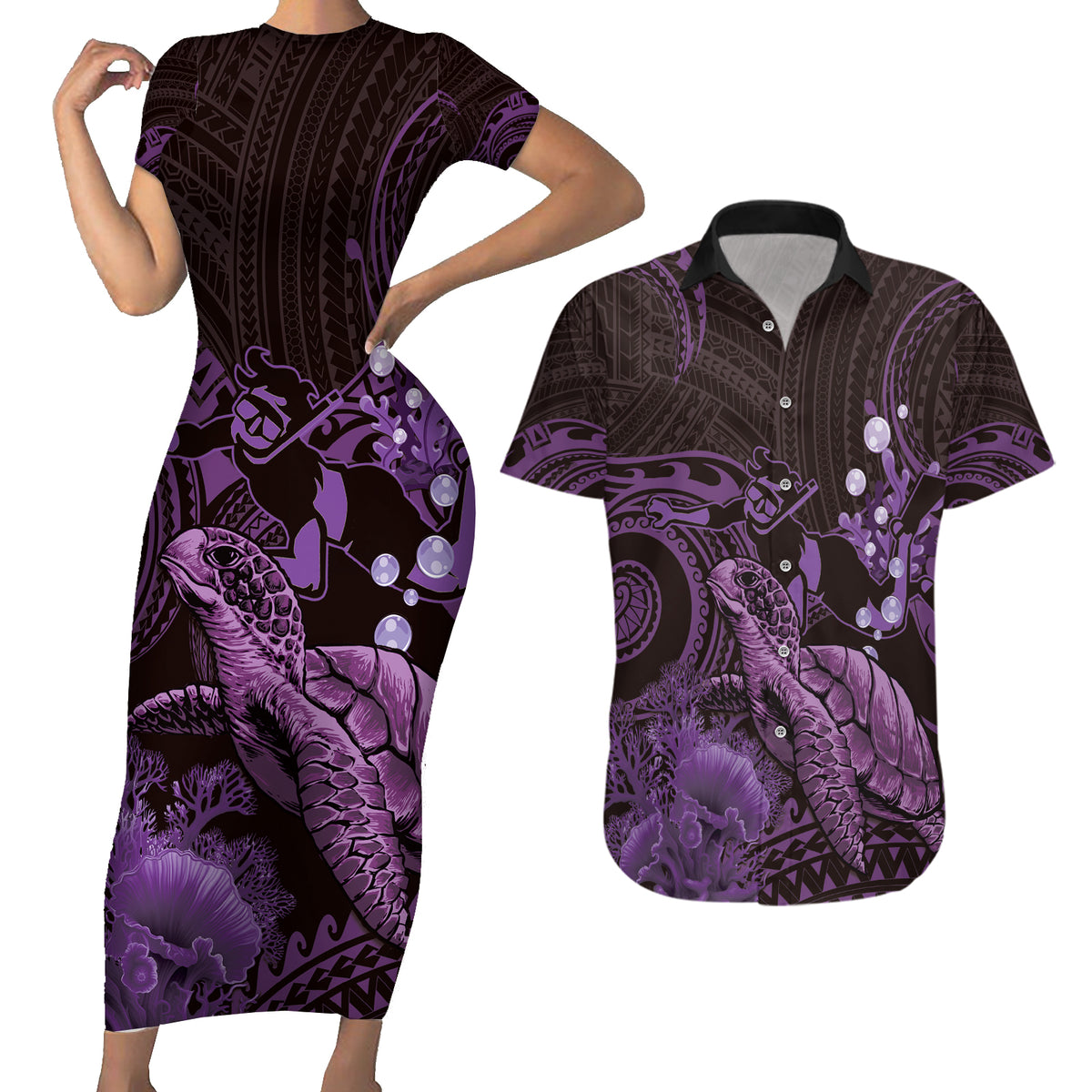 Purple Aloha Hawaii Couples Matching Short Sleeve Bodycon Dress and Hawaiian Shirt Snorkeling With Sea Turtle Polynesian Pattern LT14 Purple - Polynesian Pride