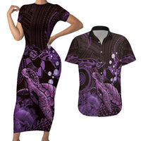 Purple Aloha Hawaii Couples Matching Short Sleeve Bodycon Dress and Hawaiian Shirt Snorkeling With Sea Turtle Polynesian Pattern LT14 Purple - Polynesian Pride