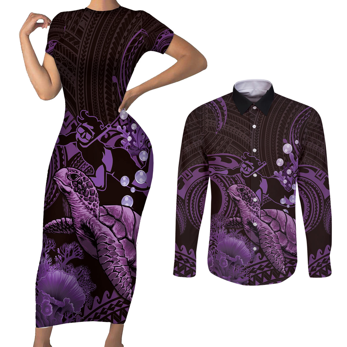 Purple Aloha Hawaii Couples Matching Short Sleeve Bodycon Dress and Long Sleeve Button Shirt Snorkeling With Sea Turtle Polynesian Pattern LT14 Purple - Polynesian Pride