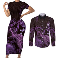 Purple Aloha Hawaii Couples Matching Short Sleeve Bodycon Dress and Long Sleeve Button Shirt Snorkeling With Sea Turtle Polynesian Pattern LT14 Purple - Polynesian Pride