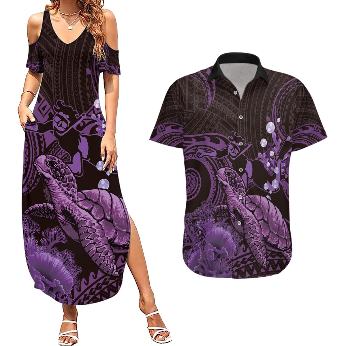 Purple Aloha Hawaii Couples Matching Summer Maxi Dress and Hawaiian Shirt Snorkeling With Sea Turtle Polynesian Pattern LT14 Purple - Polynesian Pride