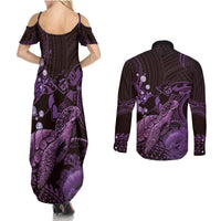 Purple Aloha Hawaii Couples Matching Summer Maxi Dress and Long Sleeve Button Shirt Snorkeling With Sea Turtle Polynesian Pattern
