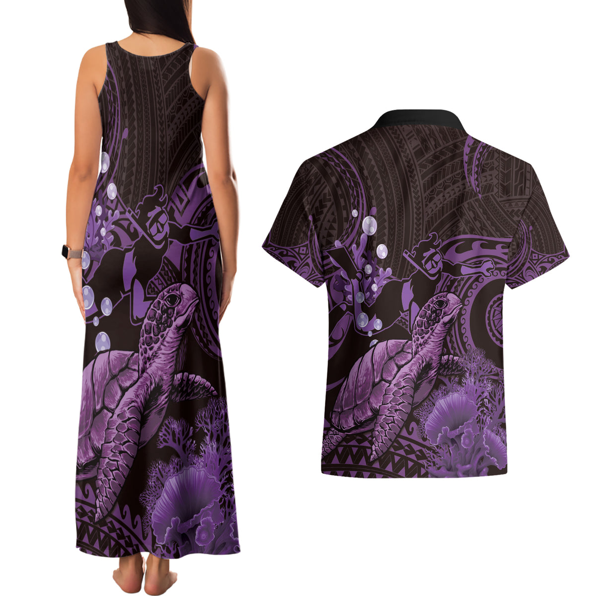 Purple Aloha Hawaii Couples Matching Tank Maxi Dress and Hawaiian Shirt Snorkeling With Sea Turtle Polynesian Pattern LT14 - Polynesian Pride