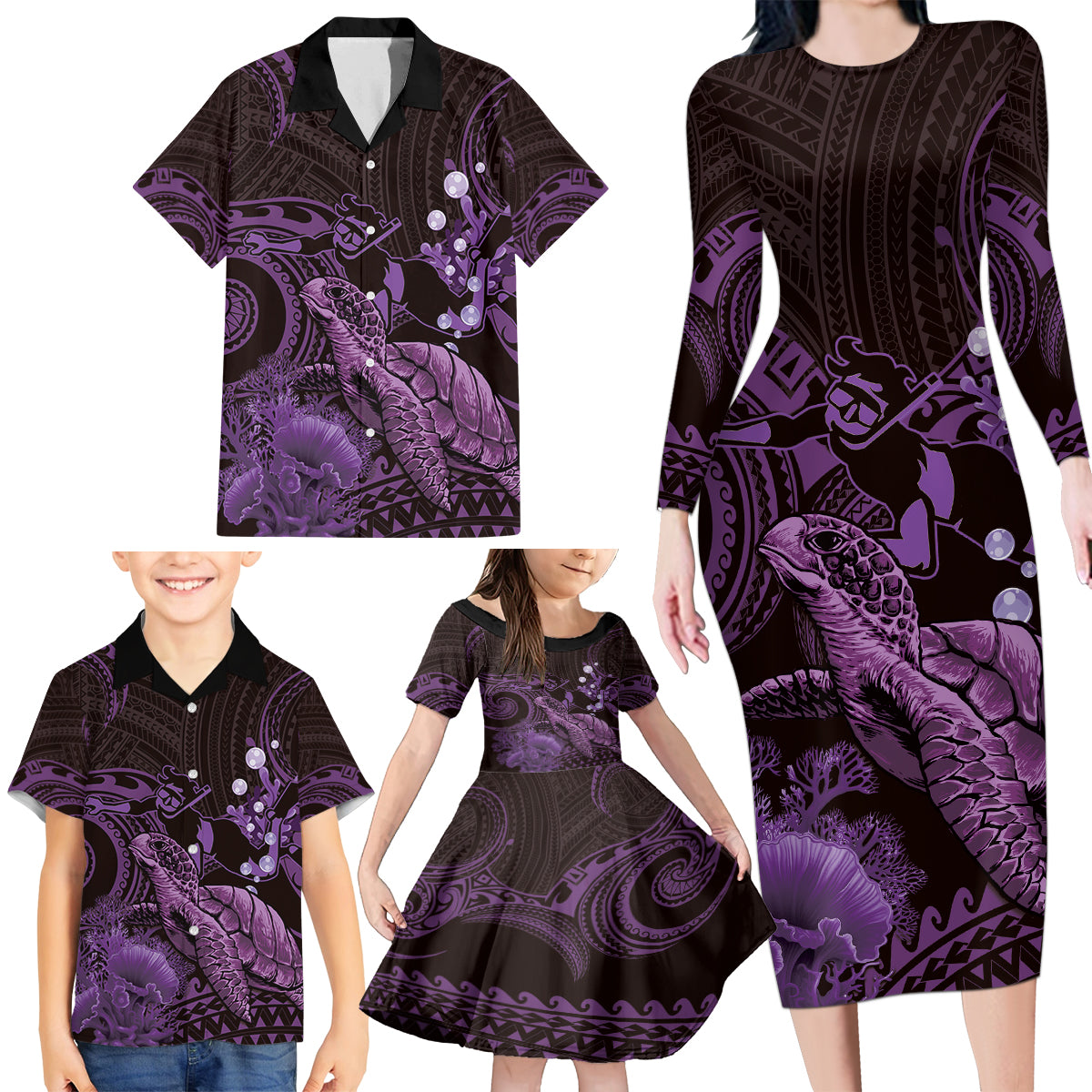 Purple Aloha Hawaii Family Matching Long Sleeve Bodycon Dress and Hawaiian Shirt Snorkeling With Sea Turtle Polynesian Pattern LT14 - Polynesian Pride