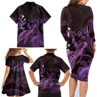 Purple Aloha Hawaii Family Matching Long Sleeve Bodycon Dress and Hawaiian Shirt Snorkeling With Sea Turtle Polynesian Pattern LT14 - Polynesian Pride