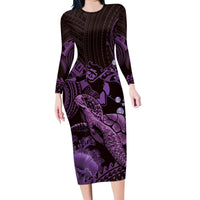 Purple Aloha Hawaii Family Matching Long Sleeve Bodycon Dress and Hawaiian Shirt Snorkeling With Sea Turtle Polynesian Pattern LT14 Mom's Dress Purple - Polynesian Pride