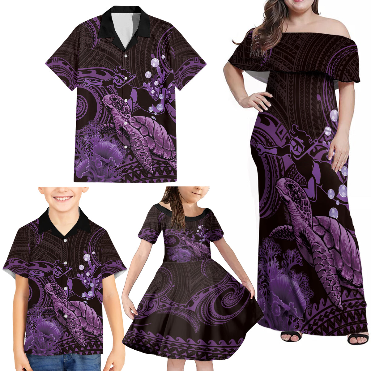 Purple Aloha Hawaii Family Matching Off Shoulder Maxi Dress and Hawaiian Shirt Snorkeling With Sea Turtle Polynesian Pattern LT14 - Polynesian Pride