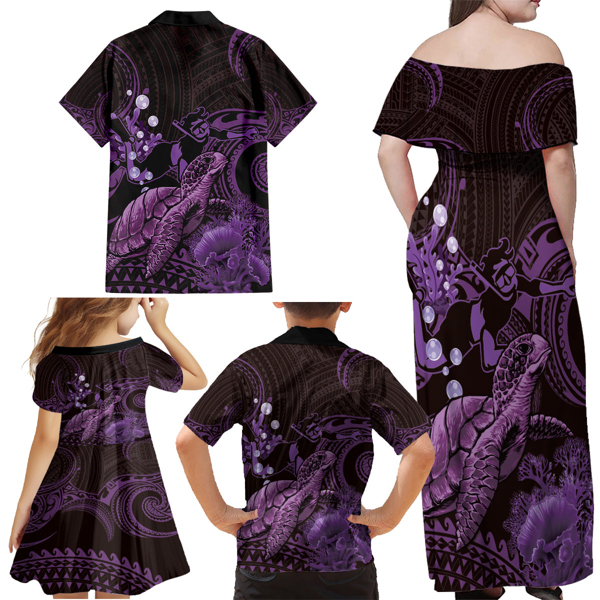 Purple Aloha Hawaii Family Matching Off Shoulder Maxi Dress and Hawaiian Shirt Snorkeling With Sea Turtle Polynesian Pattern LT14 - Polynesian Pride