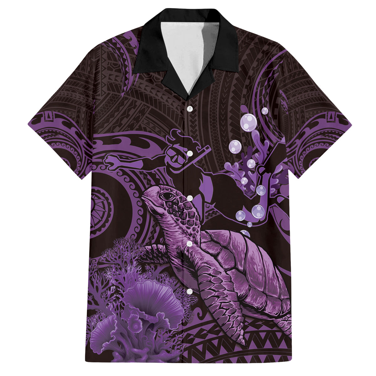 Purple Aloha Hawaii Family Matching Off Shoulder Maxi Dress and Hawaiian Shirt Snorkeling With Sea Turtle Polynesian Pattern LT14 Dad's Shirt - Short Sleeve Purple - Polynesian Pride
