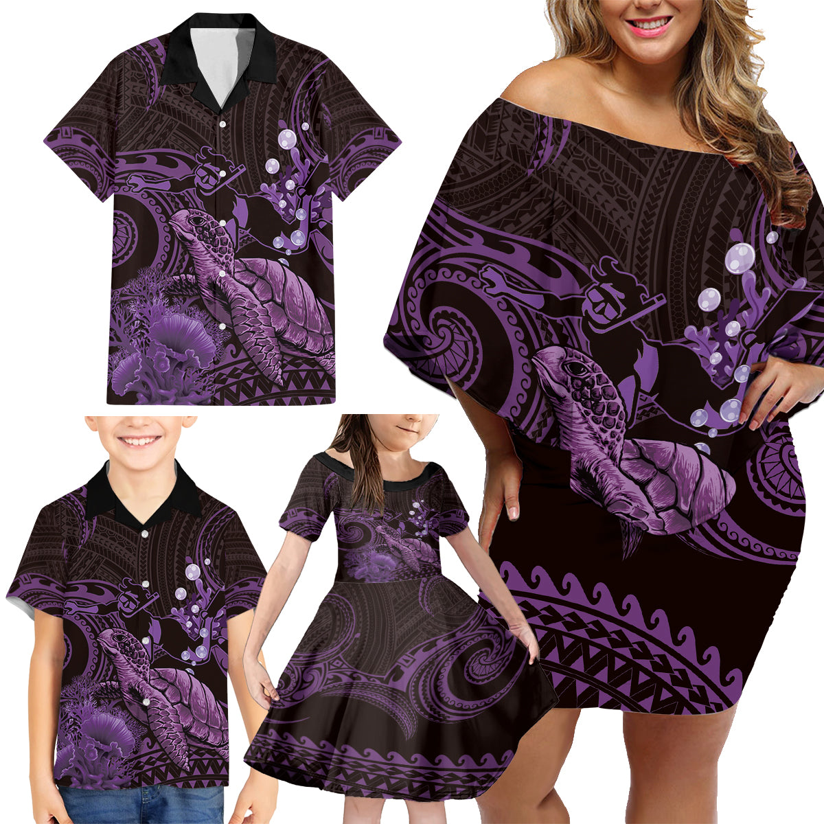 Purple Aloha Hawaii Family Matching Off Shoulder Short Dress and Hawaiian Shirt Snorkeling With Sea Turtle Polynesian Pattern LT14 - Polynesian Pride