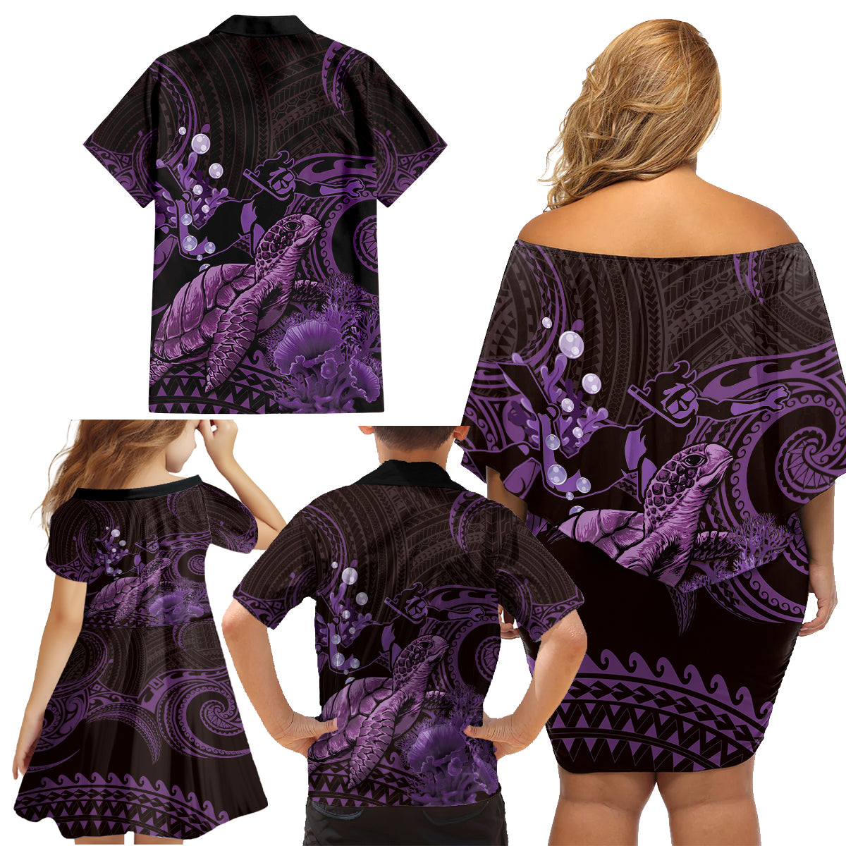 Purple Aloha Hawaii Family Matching Off Shoulder Short Dress and Hawaiian Shirt Snorkeling With Sea Turtle Polynesian Pattern LT14 - Polynesian Pride