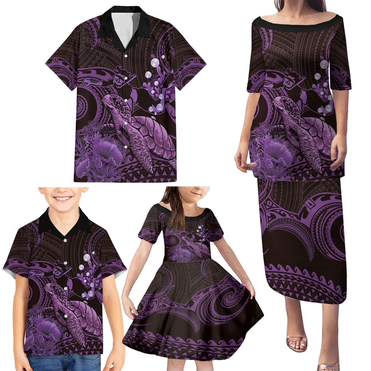 Purple Aloha Hawaii Family Matching Puletasi and Hawaiian Shirt Snorkeling With Sea Turtle Polynesian Pattern LT14 - Polynesian Pride