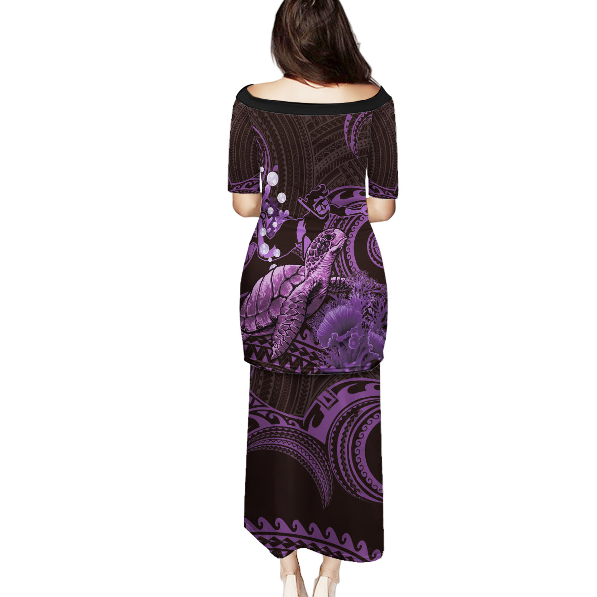 Purple Aloha Hawaii Family Matching Puletasi and Hawaiian Shirt Snorkeling With Sea Turtle Polynesian Pattern LT14 - Polynesian Pride