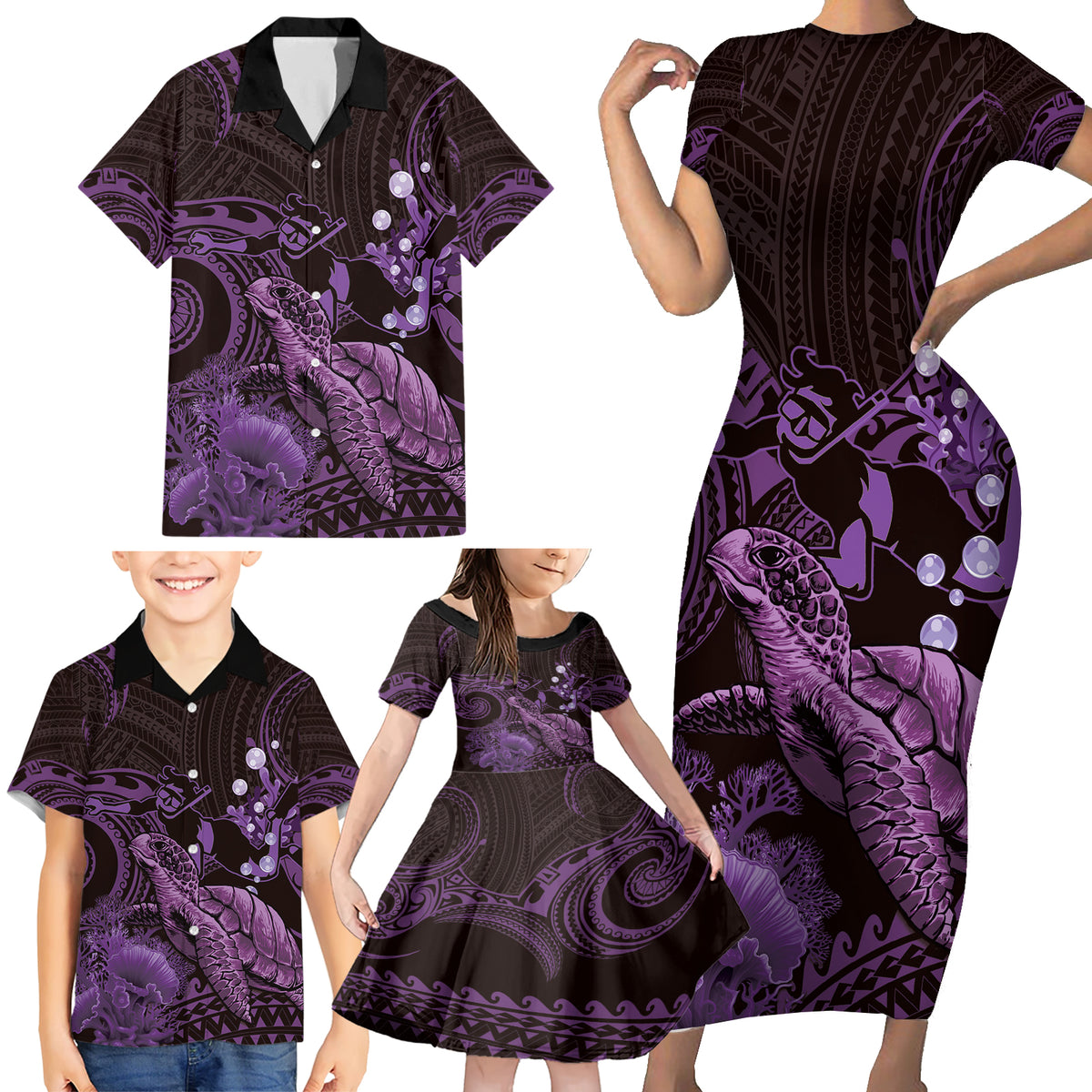 Purple Aloha Hawaii Family Matching Short Sleeve Bodycon Dress and Hawaiian Shirt Snorkeling With Sea Turtle Polynesian Pattern LT14 - Polynesian Pride