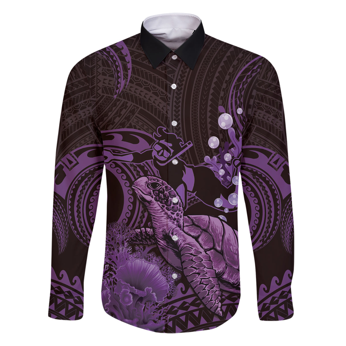 Purple Aloha Hawaii Family Matching Short Sleeve Bodycon Dress and Hawaiian Shirt Snorkeling With Sea Turtle Polynesian Pattern LT14 Dad's Shirt - Long Sleeve Purple - Polynesian Pride