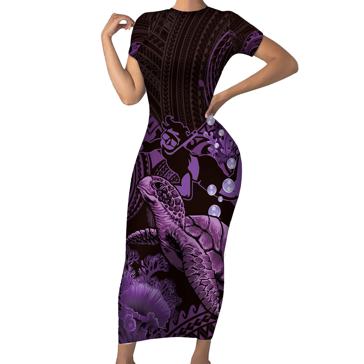 Purple Aloha Hawaii Family Matching Short Sleeve Bodycon Dress and Hawaiian Shirt Snorkeling With Sea Turtle Polynesian Pattern LT14 Mom's Dress Purple - Polynesian Pride